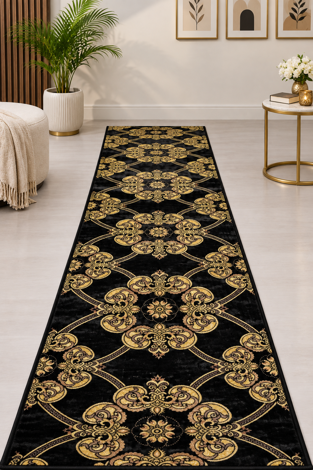 Jzah Shop | Black & Gold Luxury Runner Rug – Oriental Floral Medallion